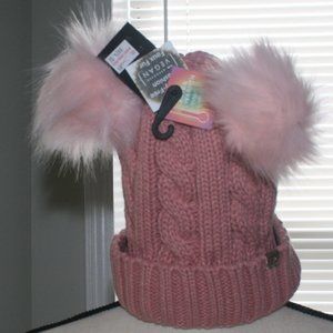 NWT PINK MAUVE KNIT HAT - PUFF FUZZ BALLS & LINED